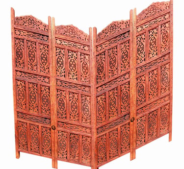 Hand-carved wooden four-panel room divider with intricate floral lattice work and a dark brown finish.