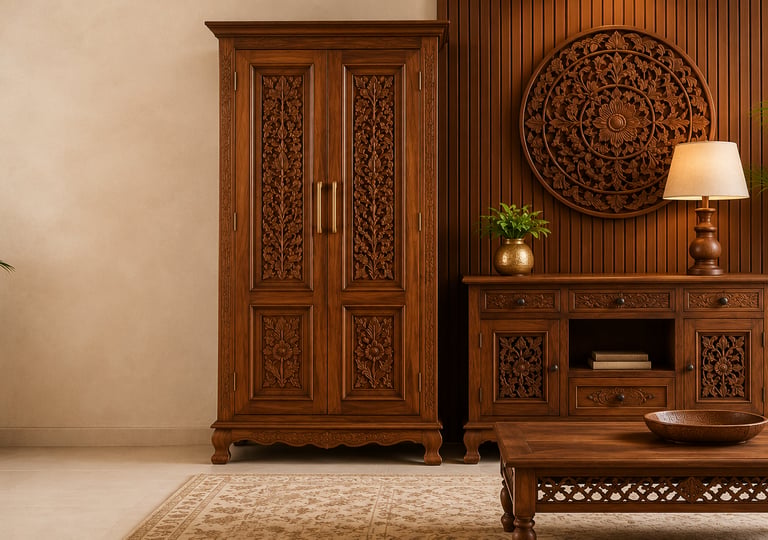 Hand-carved wooden wardrobe and sideboard in a tropical living room with traditional Indian furniture.