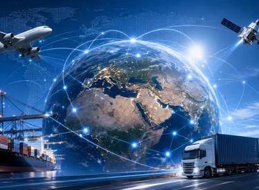 Global logistics network with cargo ship, airplane, semi truck, and satellite surrounding Earth globe.