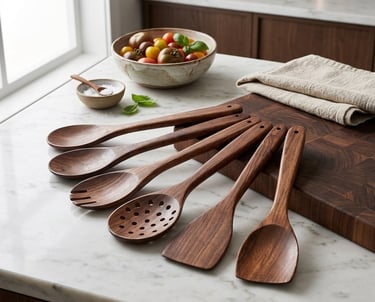 Handcrafted wooden kitchen utensils set on a marble countertop with a walnut cutting board.
