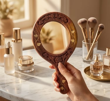 A hand holding an ornate wooden hand mirror on a marble vanity with luxury skincare products and makeup brushes.